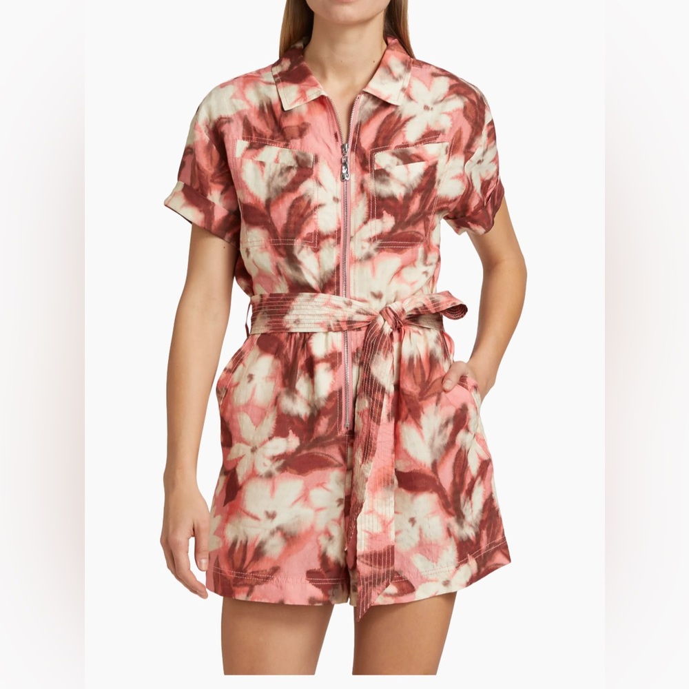 Tanya Taylor  Skye Abstract Linen-Blend Tie-Waist Romper, Size Medium